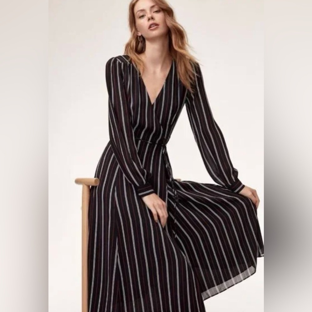 Wilfred Black and White Striped Long Sleeve Wrapped Dress